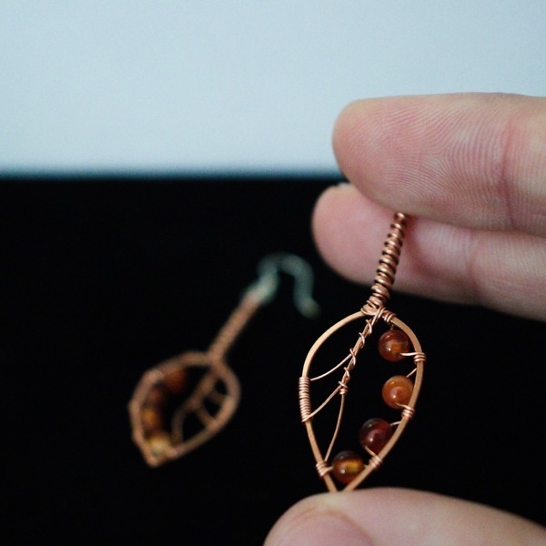 Apple Leaf and Carnelian Copper Earrings – Staged In Hand (4)-2 (RR)