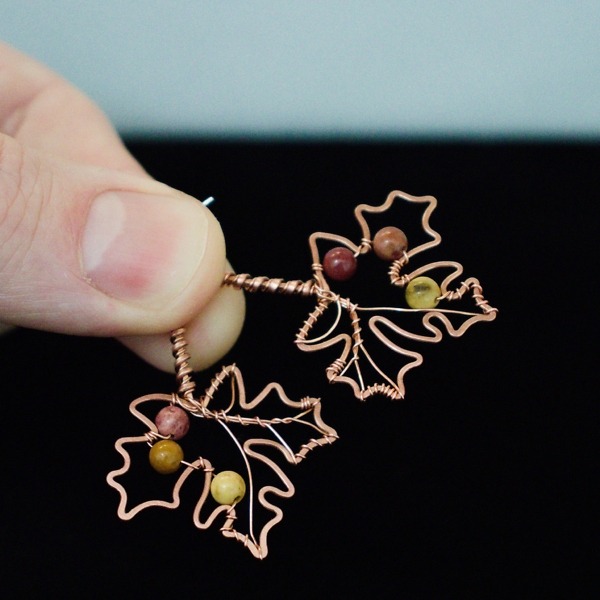 Big Leaf Maple and Mookaite Jasper Copper Earrings – In Hand (1)-2 (RR)