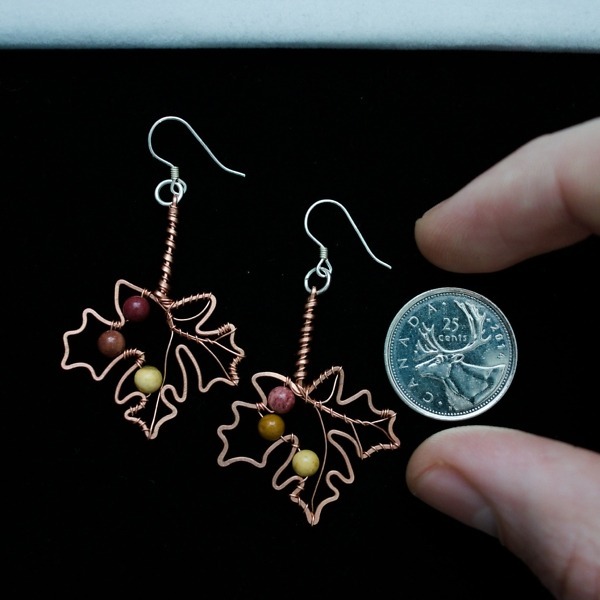 Big Leaf Maple and Mookaite Jasper Copper Earrings – Size and Scale Quarter Top (9)-2 (RR)