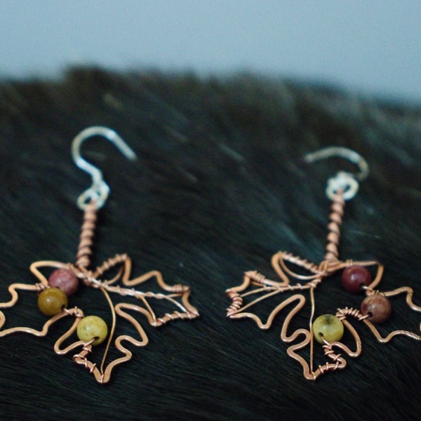Big Leaf Maple and Mookaite Jasper Copper Earrings – Top (9)-3 (RR)
