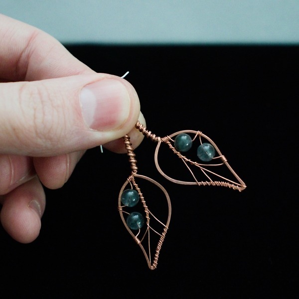 Blackthorn Leaf and Blue Tourmanilated Quartz Copper Earrings – In Hand (2)-2 (RR)