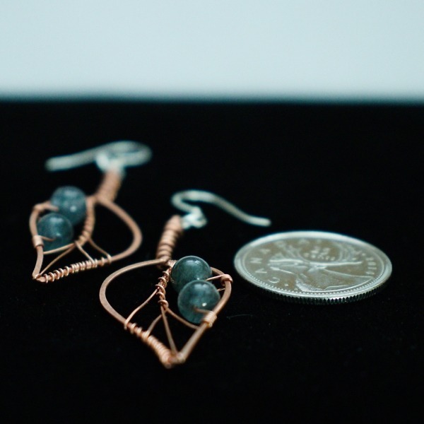 Blackthorn Leaf and Blue Tourmanilated Quartz Copper Earrings – Size and Scale Quarter Side (5)-2 (RR)