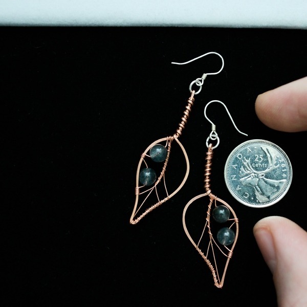 Blackthorn Leaf and Blue Tourmanilated Quartz Copper Earrings – Size and Scale Quarter Top (7)-2 (RR)