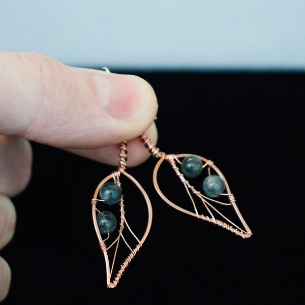 Blackthorn Leaf and Blue Tourminalated Quartz Copper Earrings – In Hand (7)-2 (RR)