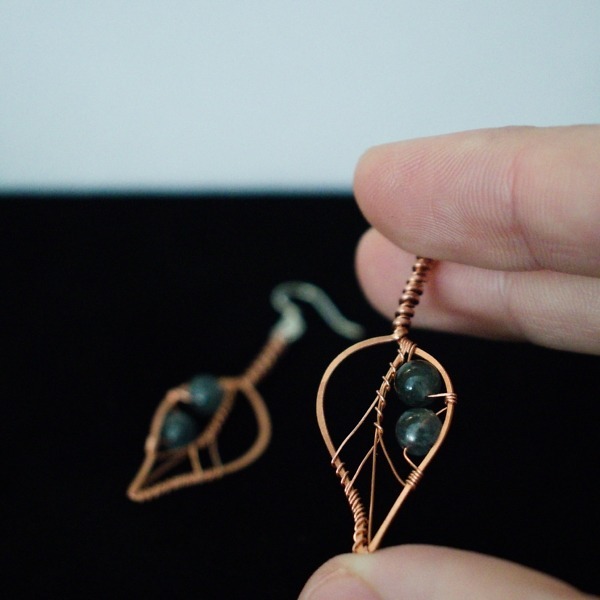 Blackthorn Leaf and Blue Tourminalated Quartz Copper Earrings – Staged In Hand (2)-2 (RR)