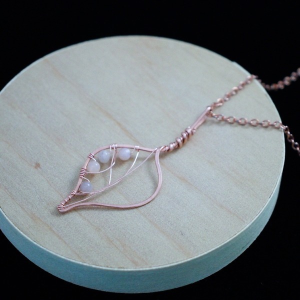 Bodhi Leaf – Peach Moonstone – Copper Necklace – Wood – Leaf Series-2 (RR)