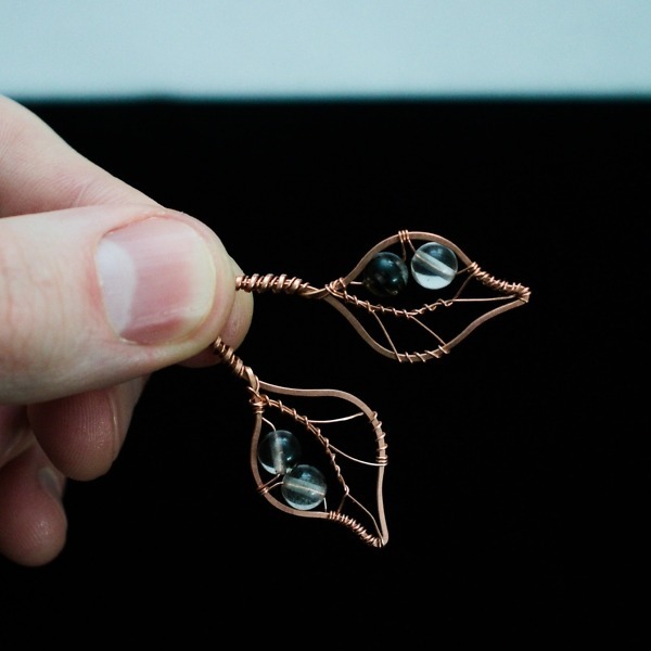 Bodhi Leaf and Black Cherry Quartz Copper Earrings – In Hand (8)-2 (RR)