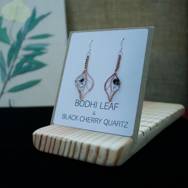 Bodhi Leaf and Black Cherry Quartz Copper Earrings – Packaged Front (3)-2 (RR)