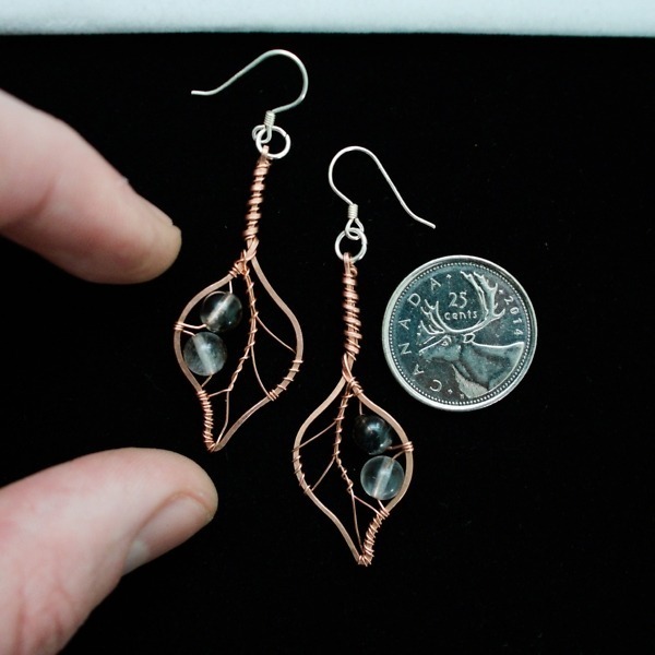 Bodhi Leaf and Black Cherry Quartz Copper Earrings – Size and Scale Quarter Top (2)-3 (RR)
