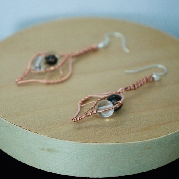 Bodhi Leaf and Black Cherry Quartz Copper Earrings – Staged Wooden (1)-2 (RR)