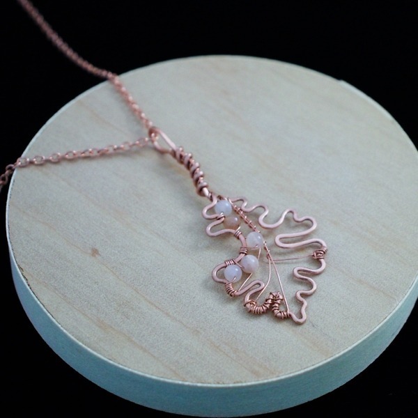 Bur Oak Leaf – Peach Moonstone – Copper Necklace – Wood – Leaf Series (3)-3 (RR)