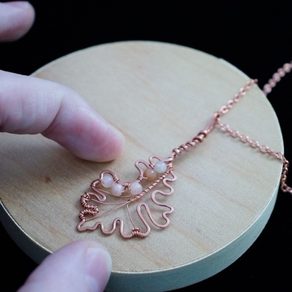 Bur Oak Leaf – Peach Moonstone – Hand – Copper Necklace – Wood – Leaf Series (1)-1 (RR)