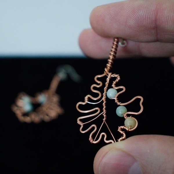Bur Oak Leaf and Mixed Amazonite Copper Earrings – Staged In Hand (1)-2 (RR)