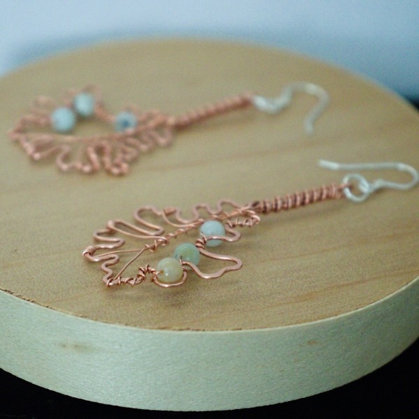 Bur Oak Leaf and Mixed Amazonite Copper Earrings – Staged Wooden (3)-2 (RR)