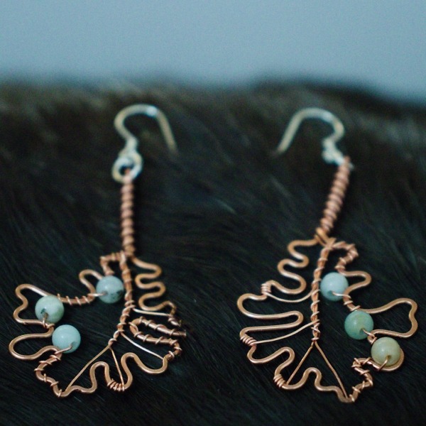 Bur Oak Leaf and Mixed Amazonite Copper Earrings – Top (3)-4 (RR)