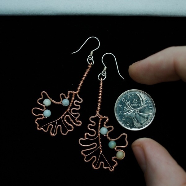Bur Oak Leaf and Mixed Moonstone Copper Earrings – Size and Scale Quarter Top (6)-2 (RR)