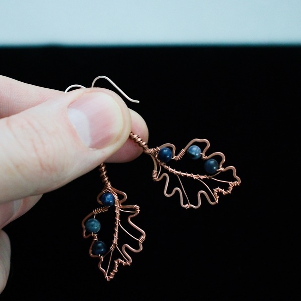 English Oak Leaf and Sodalite Copper Earrings – In Hand (16)-2 (RR)
