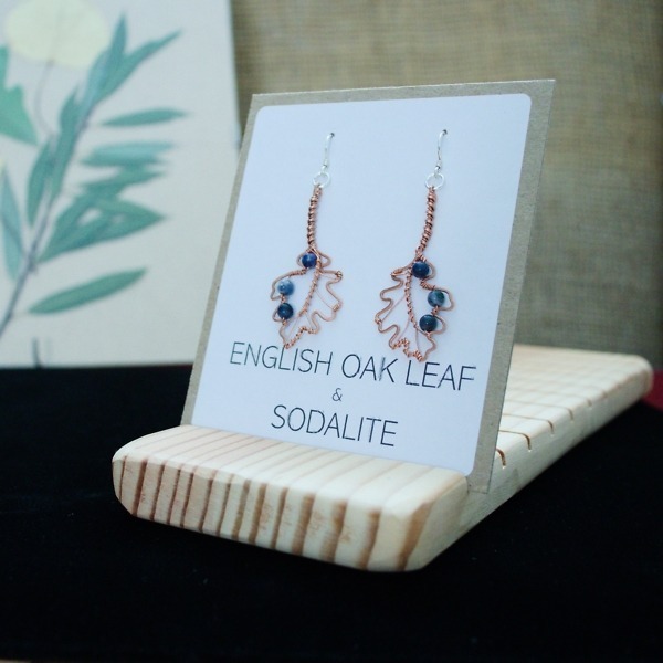 English Oak Leaf and Sodalite Copper Earrings – Packaged Front (2)-2 (RR)