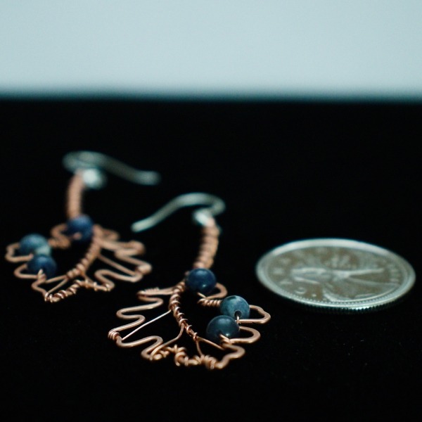 English Oak Leaf and Sodalite Copper Earrings – Size and Scale Quarter Side (3)-3 (RR)