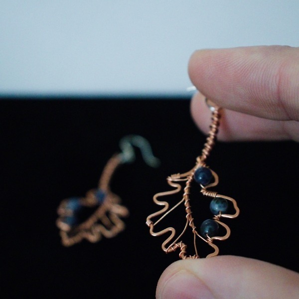English Oak Leaf and Sodalite Copper Earrings – Staged In Hand (1)-2 (RR)