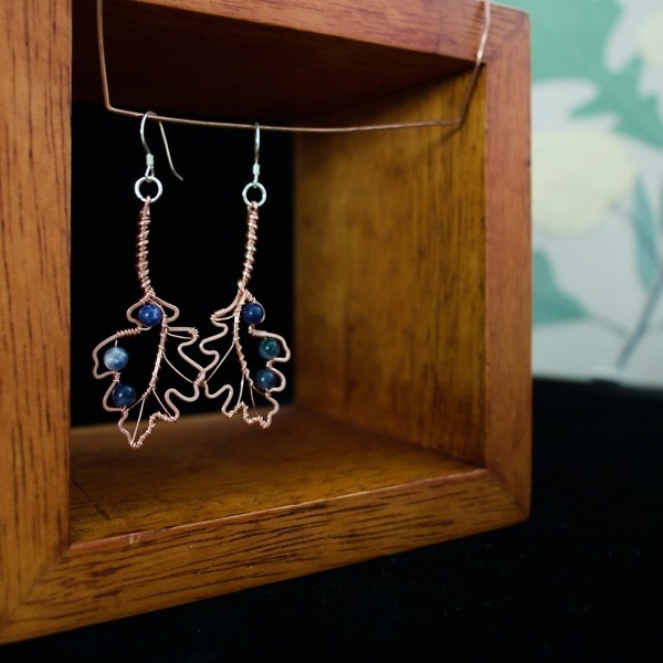 English Oak Leaf and Sodalite Copper Earrings – Staged Pinterest (1)-2 (RR)