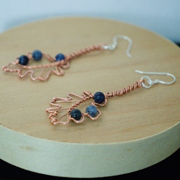 English Oak Leaf and Sodalite Copper Earrings – Staged Wooden (2)-2 (RR)