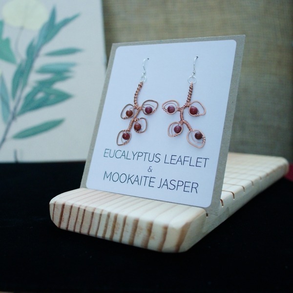 Eucalyptus Leaflet and Red Mookaite Jasper Copper Earrings – Packaged Front (2)-2 (RR)
