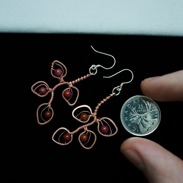 Eucalyptus Leaflet and Red Mookaite Jasper Copper Earrings – Size and Scale Quarter Top (5)-2 (RR)