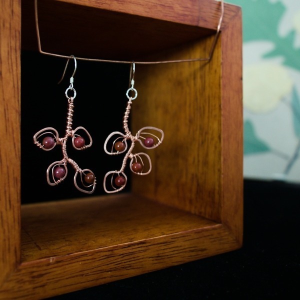 Eucalyptus Leaflet and Red Mookaite Jasper Copper Earrings – Staged Pinterest (3)-2 (RR)