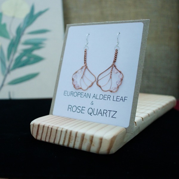 European Alder Leaf and Rose Quartz Copper Earrings – Packaged Front (2)-2 (RR)