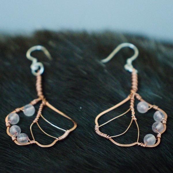 European Alder Leaf and Rose Quartz Copper Earrings – Top (9)-3 (RR)