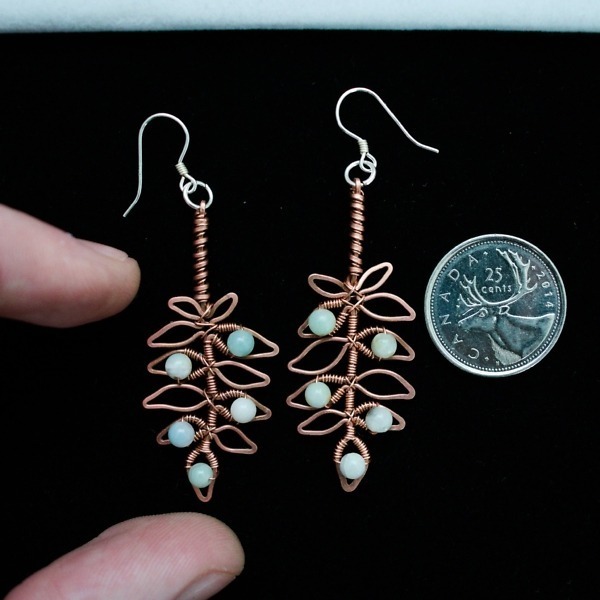 European Ash Leaflet and Amazonite Copper Earrings – Size and Scale Quarter Top (5)-2 (RR)