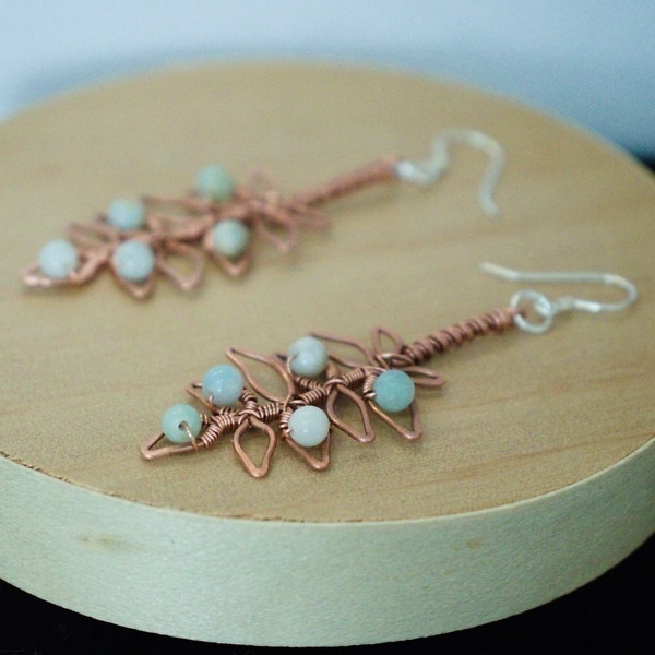 European Ash Leaflet and Mixed Amazonite Copper Earrings – Staged Wooden (1)-2 (RR)