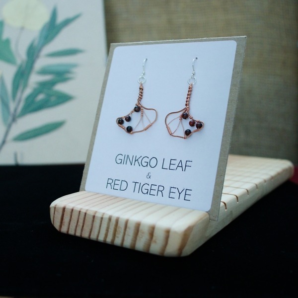 Ginkgo Leaf and Red Tiger Eye Copper Earrings – Packaged Front (2)-2 (RR)