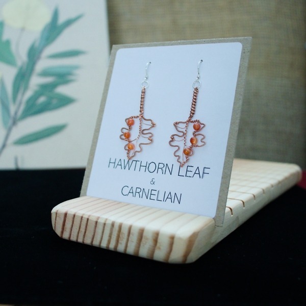Hawthorn Leaf and Carnelian Copper Earrings – Packaged Front (3)-2 (RR)