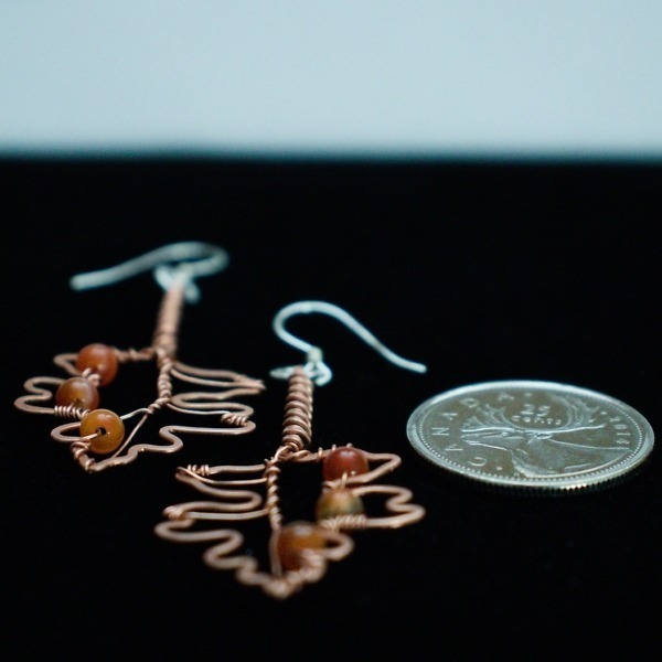 Hawthorn Leaf and Carnelian Copper Earrings – Size and Scale Quarter Side (3)-2 (RR)