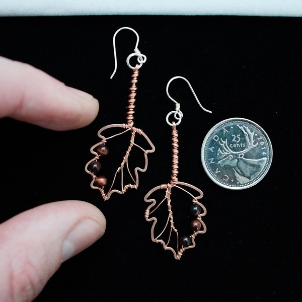 Hazel Leaf and Red Tiger Eye Copper Earrings – Size and Scale Quarter Top (6)-2 (RR)