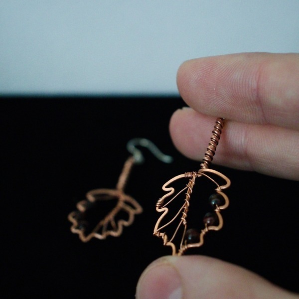 Hazel Leaf and Red Tiger Eye Copper Earrings – Staged In Hand (2)-2 (RR)
