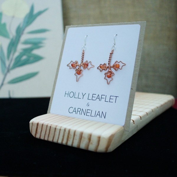 Holly Leaflet and Carnelian Copper Earrings – Packaged Front (2)-2 (RR)