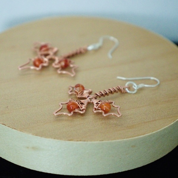 Holly Leaflet and Carnelian Copper Earrings – Staged Wooden (1)-2 (RR)