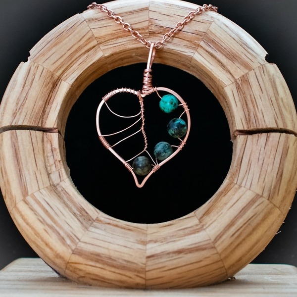 Paper Birch Leaf – African Turquoise – Copper Necklace – Wooden Stand (RR)