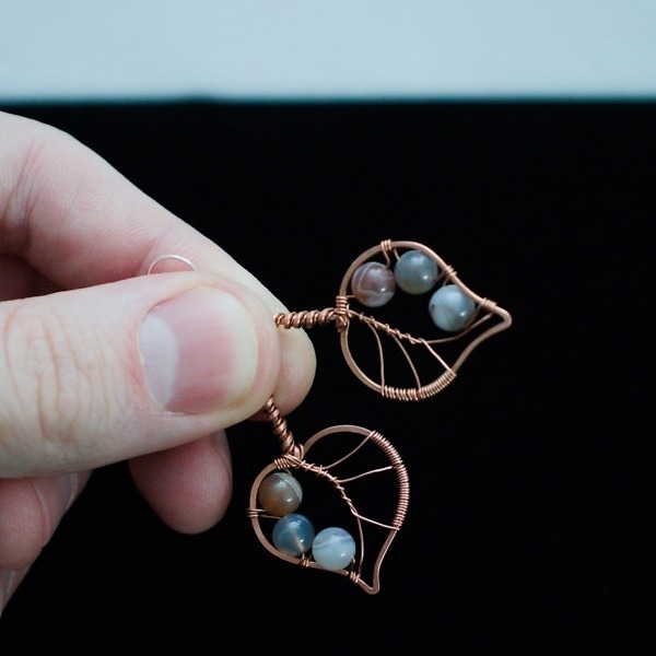 Paper Birch Leaf and Botswana Agate Copper Earrings – In Hand (9)-2 (RR)