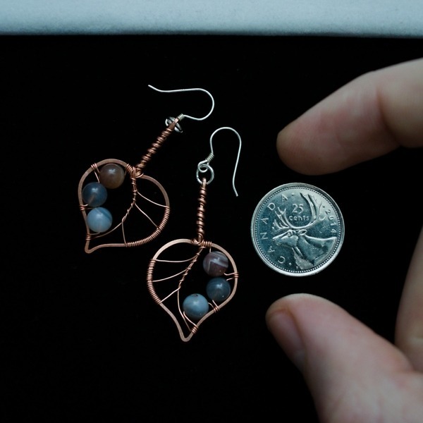 Paper Birch Leaf and Botswana Agate Copper Earrings – Size and Scale Quarter Top (6)-2 (RR)