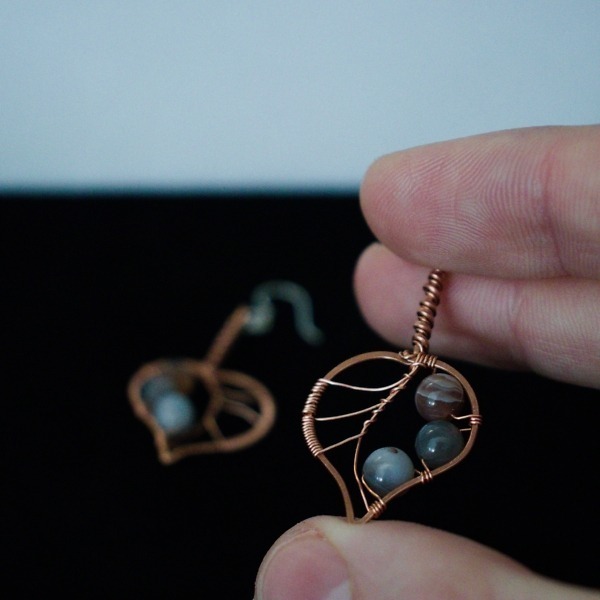 Paper Birch Leaf and Botswana Agate Copper Earrings – Staged In Hand (2)-2 (RR)