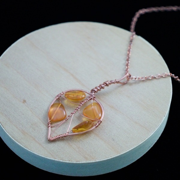 Quaking Aspen Leaf – Amber – Copper Necklace – Wood – Leaf Series-2 (RR)