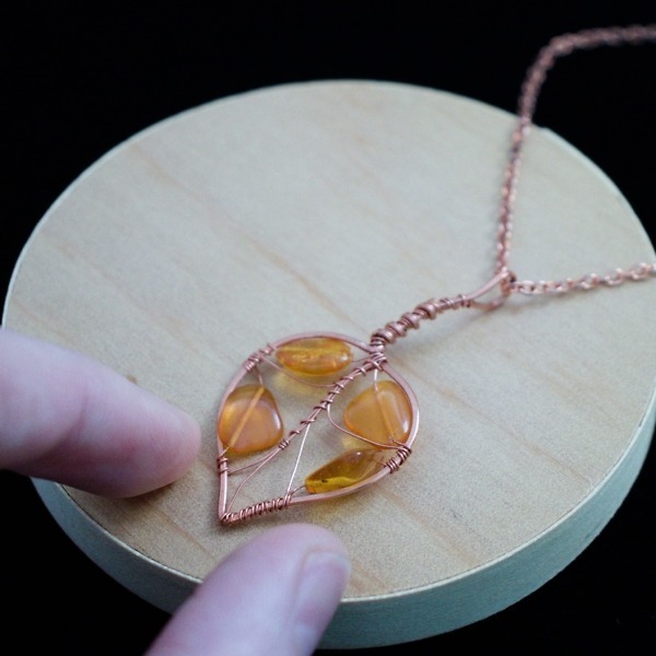 Quaking Aspen Leaf – Amber – Hand – Copper Necklace – Wood – Leaf Series-2 (RR)