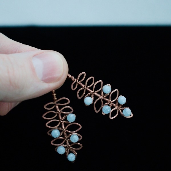 Rowan Leaflet and Aquamarine Copper Earrings – In Hand (9)-2 (RR)
