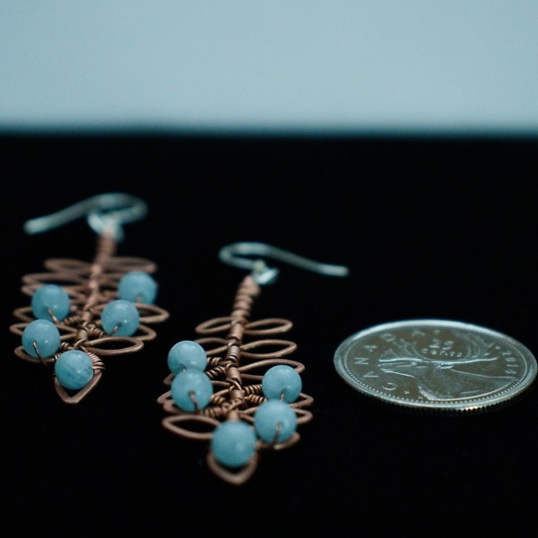 Rowan Leaflet and Aquamarine Copper Earrings – Size and Scale Quarter Side (3)-2 (RR)