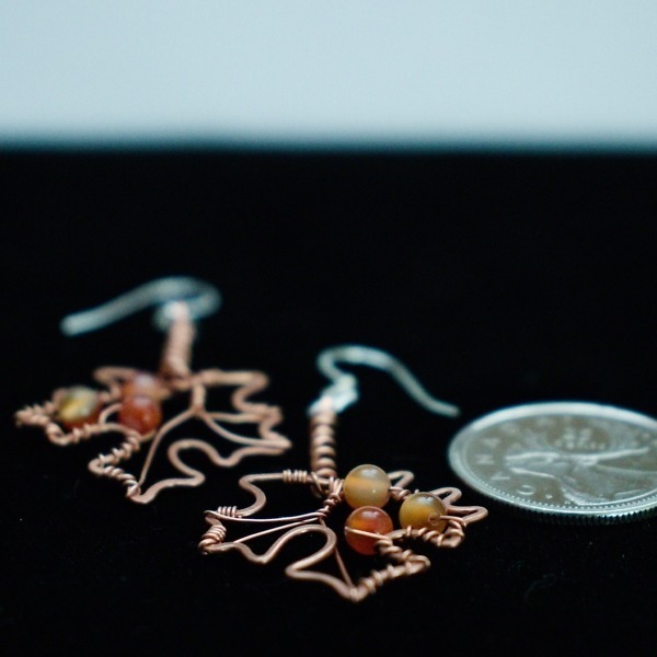 Sugar Maple Leaf and Carnelian Copper Earrings – Size and Scale Quarter Side (3)-2 (RR)
