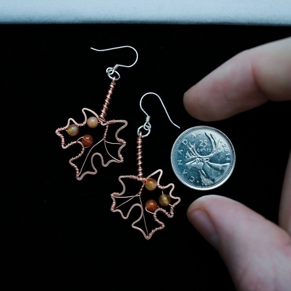Sugar Maple Leaf and Carnelian Copper Earrings – Size and Scale Quarter Top (7)-2 (RR)